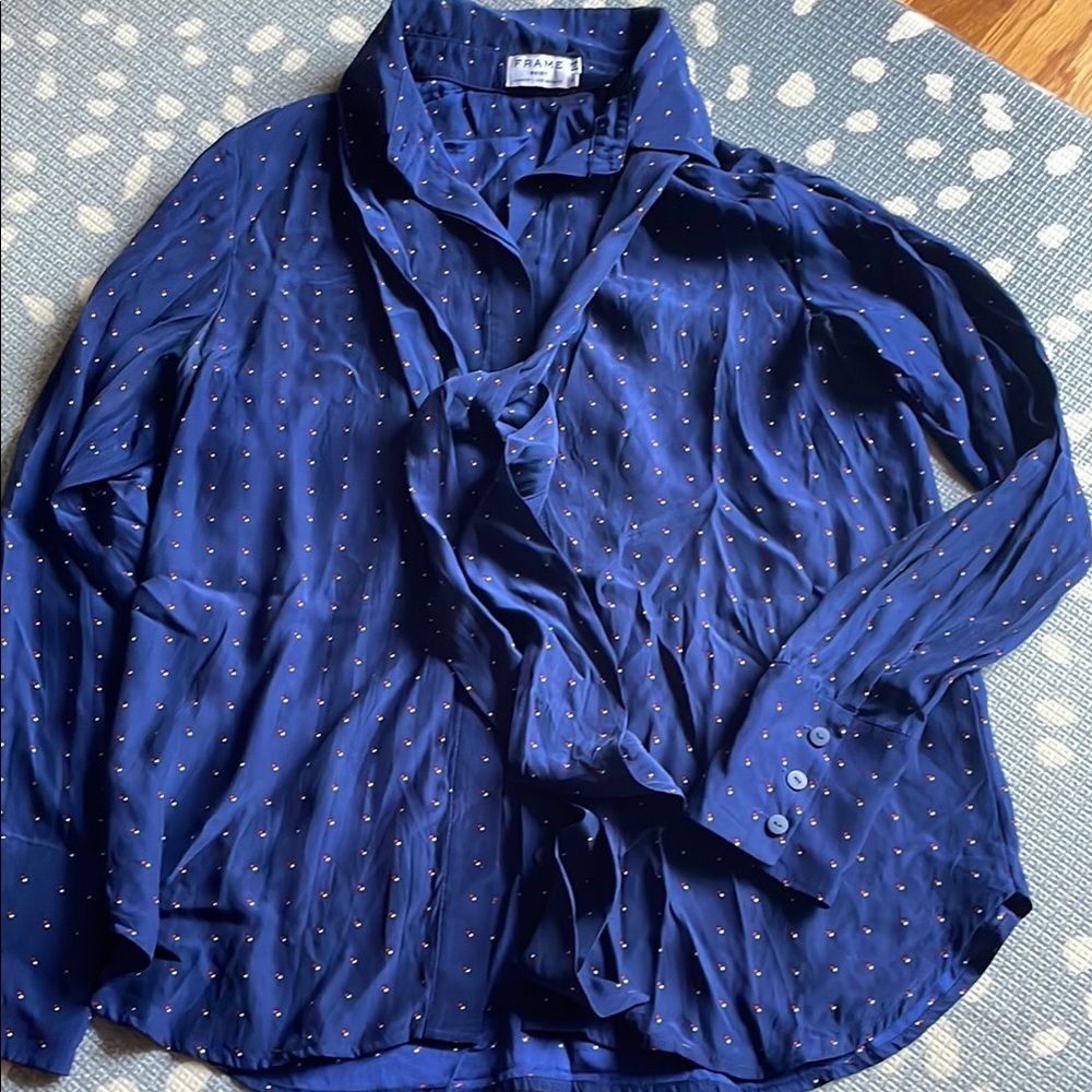 Frame 100% silk Navy Blue Blouse with Tie Detail